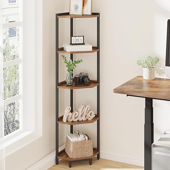 Hzuaneri Corner Shelf Stand, Corner Bookshelf, Storage Standing Shelf Unit with Metal Frame, Plant Stand, Bookcase for Living Room, Home Office, Bedroom, 5-Tier Rustic Brown CS05901B