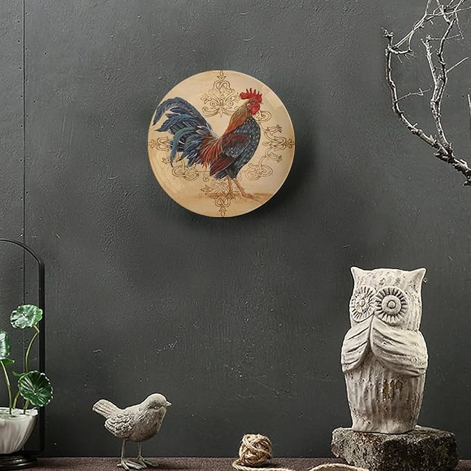 Rooster Decorative Ceramic Plates, 8 Inch, Rooster On A Khaki Background Round Display Plate, Decorative Plates with Stand, for Kitchen Party Coffee Table Decor Art