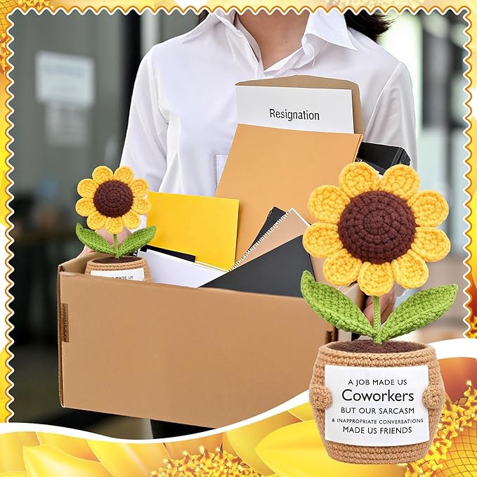 Wavwavw Coworker Leaving Gifts for Women Men, Positive Flower Doll Crochet with Card Funny Farewell Going Away Goodbye Gifts for Coworkers Employee Teacher Friends Retirement(Modern Style)