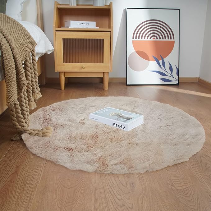 Ghouse Faux Rabbit Fur Round Rug 4ft Light Brown Beige Round Rugs for Bedroom Decor Fluffy Area Rugs for Living Room, no-Shedding Carpet Sheepskin Washable Rug Rome Decor