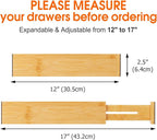Bamboo Drawer Dividers Organizers, Kitchen Drawer Organizer, Adjustable Drawer Divider for Clothes, Kitchen, Dresser, Bedroom, Bathroom and Office, 4-Pack (Natural, 12-17 IN)