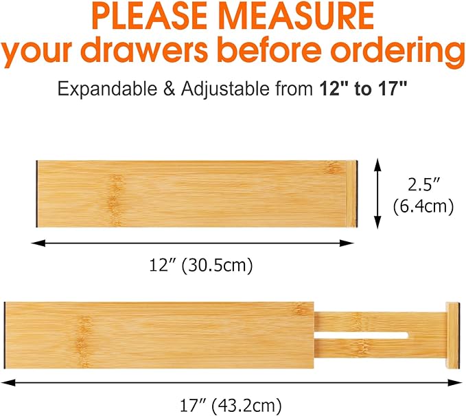 Bamboo Drawer Dividers Organizers, Kitchen Drawer Organizer, Adjustable Drawer Divider for Clothes, Kitchen, Dresser, Bedroom, Bathroom and Office, 4-Pack (Natural, 12-17 IN)