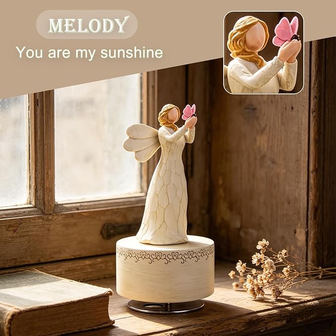 Angel Music Box, Sculpted Hand-Painted Musical Figure Gifts Butterfly Music Box Guardian Angel Figurine for Daughter Women Birthday Anniversary, Play You are My Sunshine