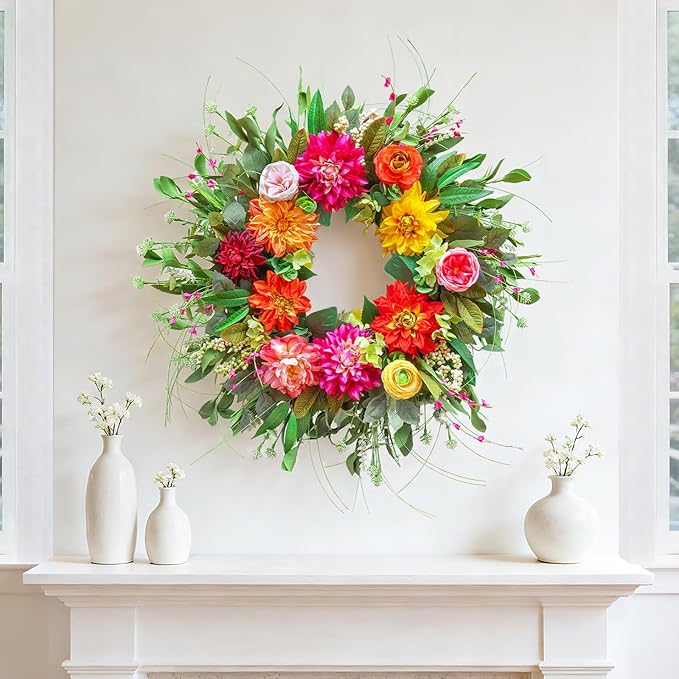 Spring Wreaths for Front Door Outside,24 Inch Summer Wreath with Peony Dahlia Rose and Greenery,Outdoor Wreath for Farmhouse Wall Porch Home Decor