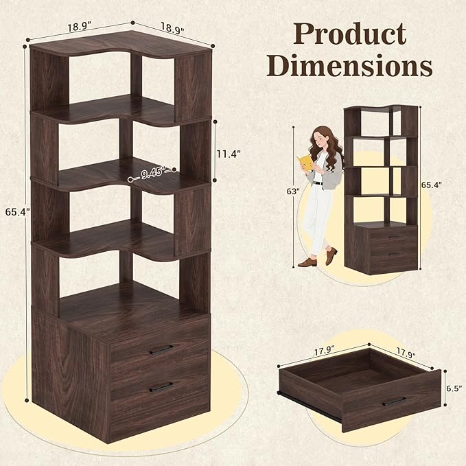 Armocity Corner Bookshelf with Drawers, 7 Tier Corner Book Shelf Display Bookcase, Freestanding L Shaped Bookshelf for Bedroom, Living Room, Home Office, Black Walnut