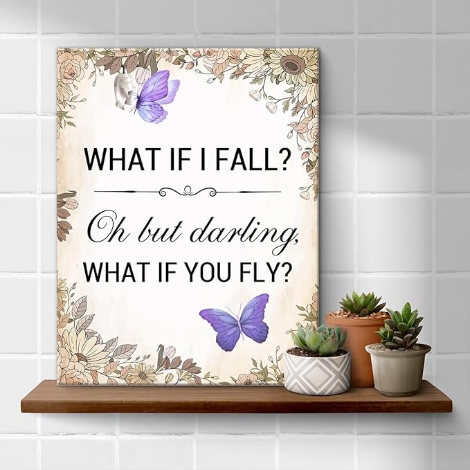 Inspirational Purple Butterfly Wall Art Decor, What If You Fly Motivational Quote Canvas Painting Artwork Picture Posters for Teens Room Bedroom Office (11.5 X 15 Inches, Framed)