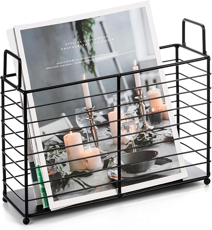 Noamus Metal Magazine Rack, Newspaper Book Tablet Storage Basket, File Holder Mail Organizer Bin with Handles, Iron Wire Black Folder Stand Holder for Home Office Bathroom Bedroom Den Living Room