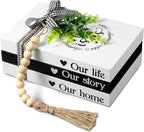 Capoda 3 Pcs Decorative Books for Home Decor Farmhouse Faux Stacked Books Wooden Rustic Table Decor with Bead Garland Twine Ribbon Faux Leaf for Table(This is Us)