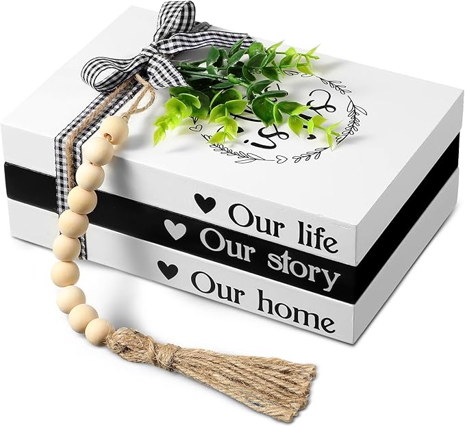 Capoda 3 Pcs Decorative Books for Home Decor Farmhouse Faux Stacked Books Wooden Rustic Table Decor with Bead Garland Twine Ribbon Faux Leaf for Table(This is Us)