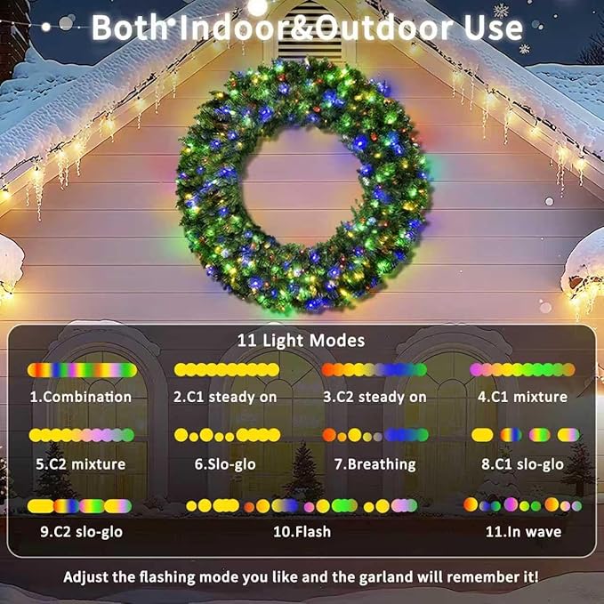 48in Large Prelit Christmas Wreath Outdoor with Lights, Artificial Lighted Christmas Wreaths with 210 Colorful LEDs, Metal Hook, Plug-in, 11 Functions for Home Holiday Decor