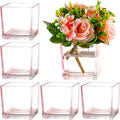 Square Pink Glass Vases Set of 6, 5" x 5" x 5" Flower Vases for Centerpieces, Square Vase for Centerpieces, Small Vase for Wedding, Party, Home Office Decoration