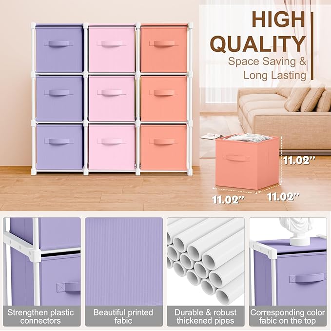 9 Cube Storage Organizer with Shelf Back to School Boxes 11 Inch Toy Storage Bins Closet Organizers Drawers Fabric Dresser for Playroom Books Bedroom Dorm Kitchen (Pink,Purple,Orange)