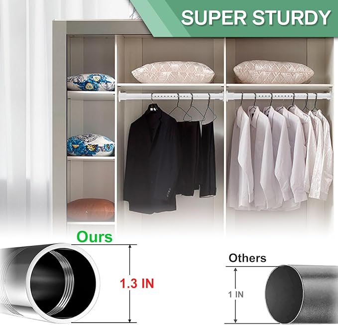 Closet Rods for Hanging Clothes, 1.3 Inch Diameter Heavy Duty Closet Rod 17-87 Inch Adjustable Clothes Hanging Bar Matte White Shower Curtain Rods for Closet, Wardrobes, Bathroom, Windows