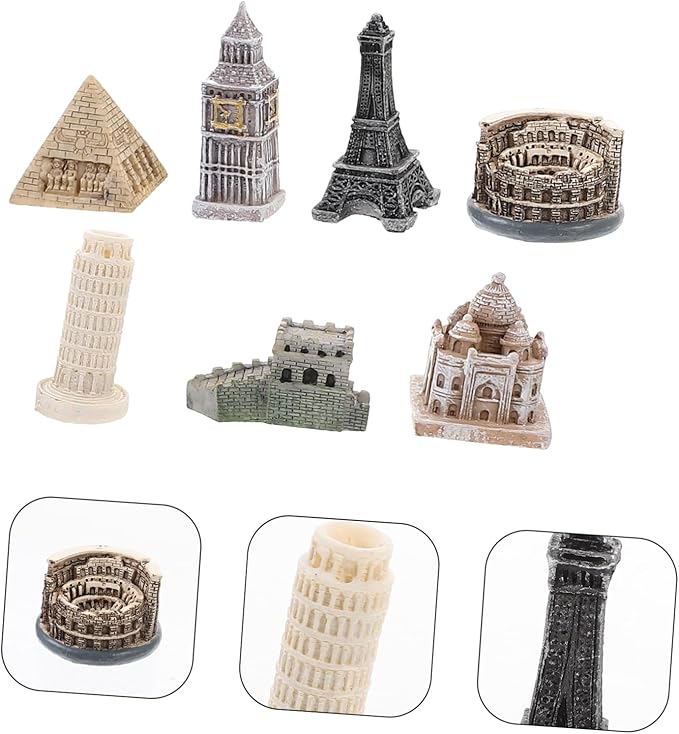 7pcs Decorative Architectural Model Miniature World-Famous Structures for Home Office and Cafe Decor Resin Building Models Including Eiffel Tower and More