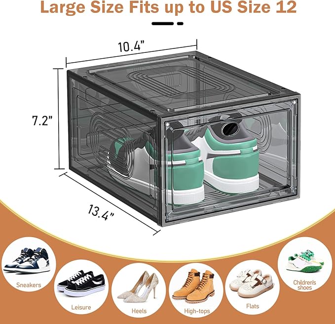 6 Pack Thicken Shoe Organizer Stackable,Upgraded Sturdy Shoe Storage Box with Magnetic Door,Shoe Containers For Sneaker Display,Hat Organizer,Black