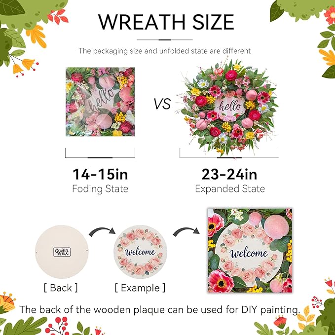 Spring Summer Wreaths for Front Door 24 Inch with Cherry Blossom,Pink Roses & Hello Sign,Summer Door Wreath for Entryway,Porch & Home Décor Indoor Outdoor