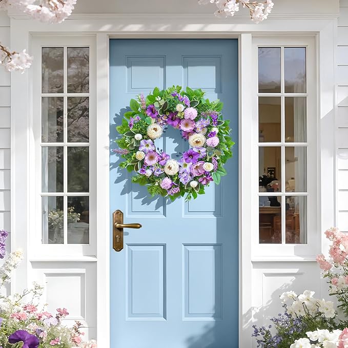 Spring Wreaths for Front Door Outside 24 Inch,Summer Wreath with Purple Morning Glory,Peony and Hydrangea,Spring Door Wreath for Indoor Outdoor Farmhouse Wall Proch Home Decor