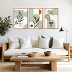 KAlRNE Sage Green Boho Beige Framed Canvas Wall Art Set of 3(24”X36”),Abstract Geometric Line Leaf Wall Decor,Botanical Minimalist Neutral Art Prints For Living Room Bedroom Office