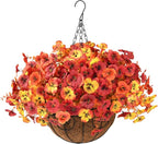Artificial Fall Flowers for Outdoor, 12 Bundles Faux Pansy Fake Mums Flowers Plants Outdoor Fall Decor, UV Resistant No Fade Silk Flower for Porch Planter Patio Yard Garden(Orange Autumn Sunset Red)