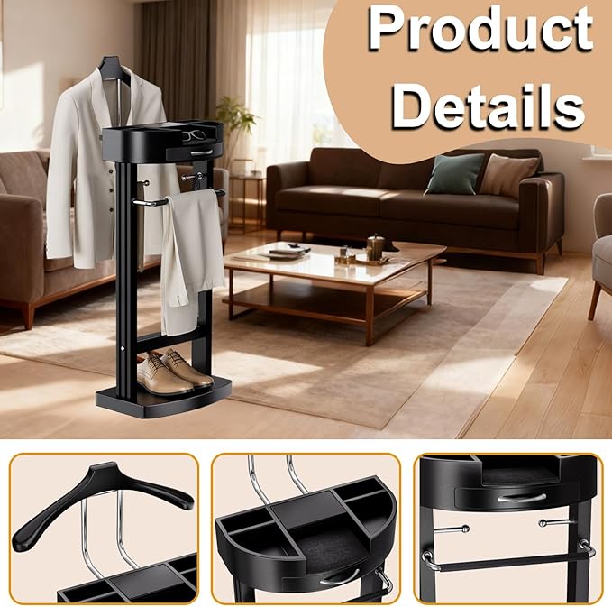 Valet Stand for Men and Women with Tray, Standing Suit Stand with Storage Drawer and Bottom Shoe Rack, Clothes Valet for Living Room, Entryway, Bedroom, Office, Black