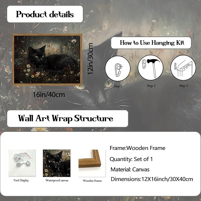 Framed Vintage Black Cat Canvas Wall Art, Gothic Dark Academia Cat Pictures Wall Decor, Moody Floral Animal Paintings Prints Cottagecore Home Decor for Living Room Bedroom Bathroom 12x16 inch