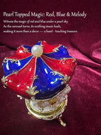 Carousel Music Box Figurine Red/Blue Diamond Pattern, Pearl Top & Spinning Mechanism, Unique Home Decor & Gift Idea