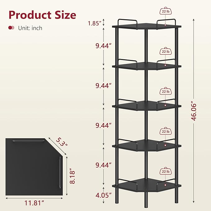 Tajsoon Corner Shelf Stand, 5 Tier Industrial Corner Shelves, Multipurpose Standing Display Shelf, Corner Shelving Unit for Bedroom, Living Room, Office, Kitchen, Black
