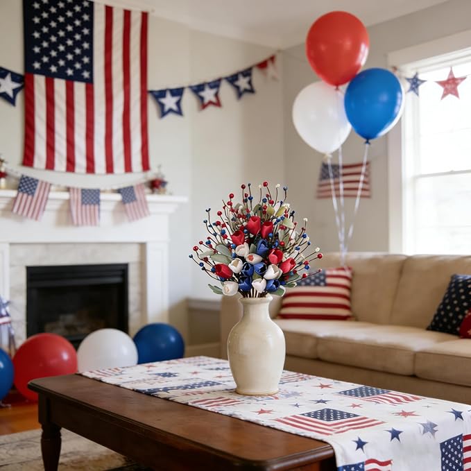 Idyllic 6 Pcs Patriotic Floral Stems with Sage Lamb's Ear, Red White Blue Berries & Tulips | 4th of July Memorial Day Wreath Decor