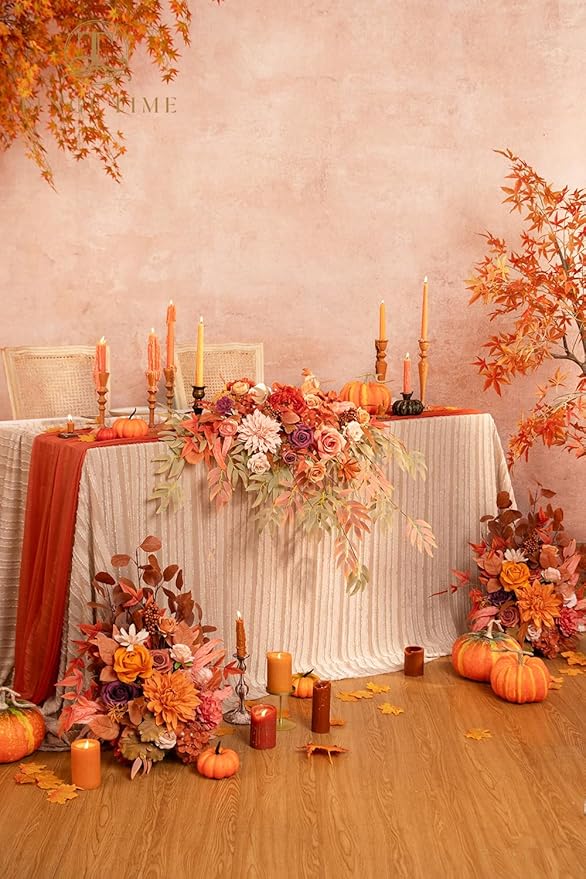 TINGE TIME Artificial Sweetheart Flower Swag with Tablecloth and Table Runner, Pack of 3 Floral Arrangement for Autumn Wedding Sweetheart Table Centerpiece Fall Decoration (Maple Red)