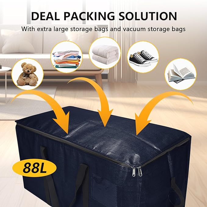 Extra Large Storage Bags Set Heavy Duty Moving Totes with Handles, Dorm Room Essentials-Way Carrying Design Dorm Room Essentials For Clothes Storage (Dark Blue, 14 Park- 4 & 10 Vacuum Bags)