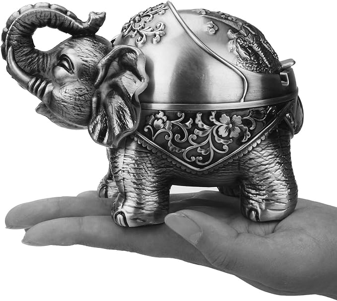 LAUYOO Metal Elephant Ashtray with Lid Windproof Ashtray Outdoor, Indoor Ashtrays for Weed, Vintage Practical Decoration Ashtrays for Cigarettes Great Gift for Men Women(Pewter)