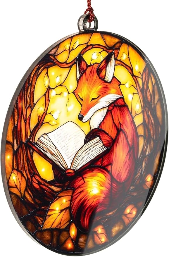 Fox Ornament, Book Lover Gifts for Women, Book Ornament, Christmas Ornaments 2026, Cozy Reading Animal Decor, Literary Gift Idea, Autumn Light Acrylic Suncatcher Ornaments, Unique