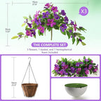 Homsunny Artficial Fake Hanging Flowers Plants with Baskets, 3PCS Silk Faux Outdoor Flowers UV Resistant Real Touch Plastic Flowers for Spring Garden and Home Patio Yard Decor (Light Purple Red)