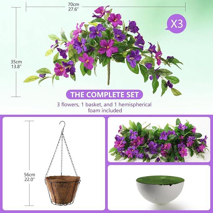 Homsunny Artficial Fake Hanging Flowers Plants with Baskets, 3PCS Silk Faux Outdoor Flowers UV Resistant Real Touch Plastic Flowers for Spring Garden and Home Patio Yard Decor (Light Purple Red)
