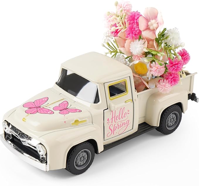 Mothers Day Spring Butterfly Truck Decor, Pink Spring Floral Truck Decorations for Home, Mini Wildflowers Truck Tiered Tray Decor, Rustic Farmhouse Kitchen Tabletop Decorations for Office