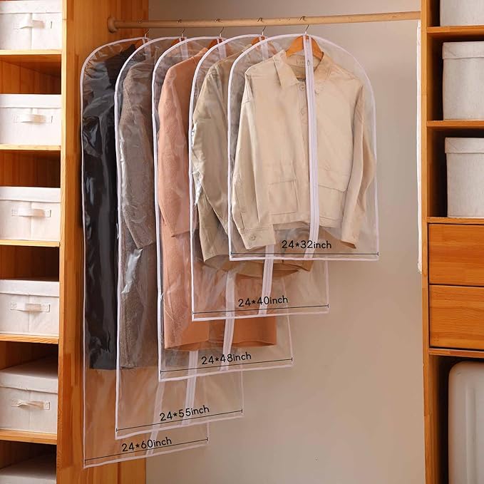 Garment Bags for Hanging Clothes, 6 PCs All Clear Garment Bag, Plastic Dustproof Suit Bag, Coat Protector Zippered Garment Covers for Closet Storage and Travel - 24'' x 48''/6 Pack