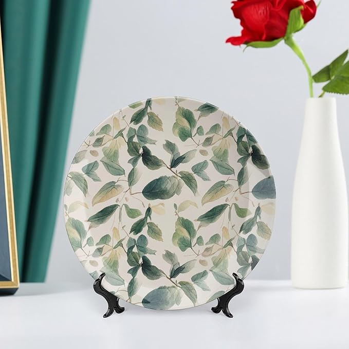 Bone China Decorative Plate Sage Green Eucalyptus Leaves Ceramic Decorative Plates with Display Stand 8inch Handmade Ceramic Ornament Wall Art Decor for Home Kitchen Bedroom Decorative Ornaments