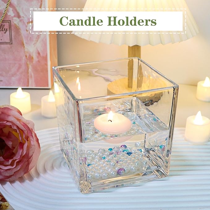1 Pack Square Glass Vase 5" x 5" x 5", Clear Flower Vase for Centerpieces, Candle Holder for Wedding Party Events, Home Décor