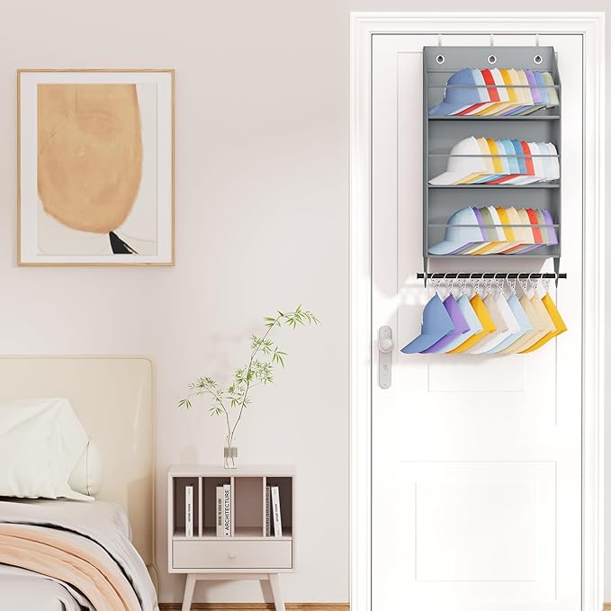 Over the Door Hat Rack - 3-Layer Design Hat Organizer Holds 30-36 Hats with 10 Hooks, Ideal Hat Rack for Door, Over the Door Organizer for Closet, Apartment, Bedroom, Dorm, 2 Pack, Grey