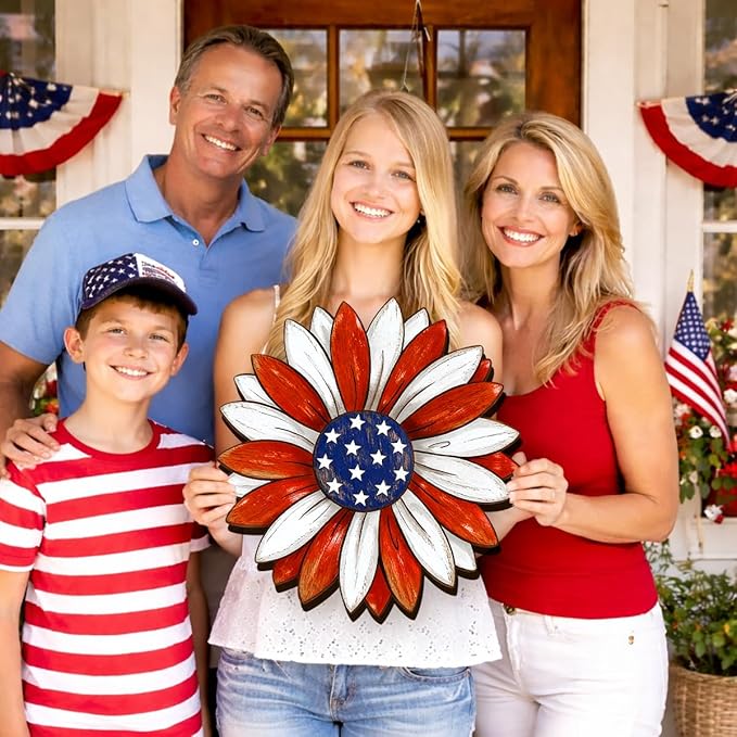 Wooden 4th of July Decorations Patriotic Wreaths for Front Door Independence Day Decorations Star Sign Welcome Memorial Day Hanging for Home Wall Decor Outdoor Indoor Red White and Blue Wreath 4