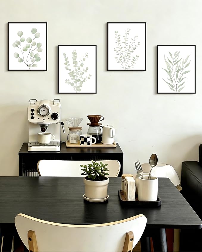 Drsoum Botanical Plant Framed Wall Art Boho Wall Decor for Bathroom Sage Green Eucalyptus Leaf Prints Minimalist Aesthetic Ready to Hang Set of 4, 11x14 in (Black Framed)