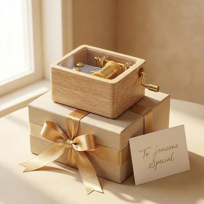 Hand Crank Wooden Music Box - Beech Wood with Clear PVC Window, Premium Golden Movement, Mini Size 6x4.5x3cm, 80g - Ideal Gift for Loved Ones (Contemporary, Let It Go)