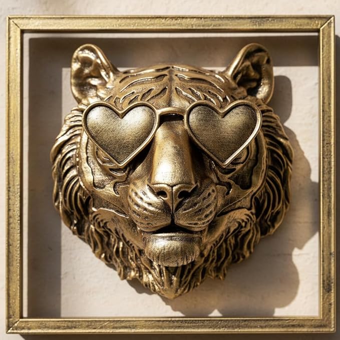 Newinhome Animal Heads Wall Decor (Includes Metal Frame) Resin Animals Sculptures Head Wall Hanging Decoration Gold vintage Wall Sculpture for Living Room Bedroom Office(Tiger)