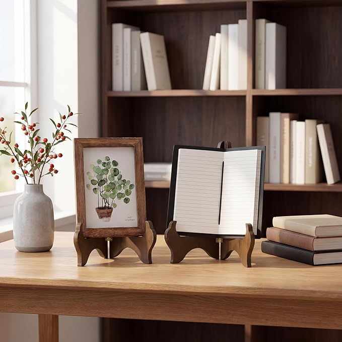 Tatuo 2 Packs Wooden Plate Stands for Display, Plate Holder Display Stand, Picture Frame Stand Easels, Tabletop Art Holder, Book Dish Decorative (8 Inch,Brown)
