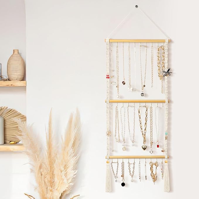 Hanging Jewelry Organizer Macrame Necklace Holder, with 30 Hooks, Over Door Necklace Rack, Wall Mounted Jewelry Hanger with Tassel Boho for Necklace Headband Bow Earring Bracelet
