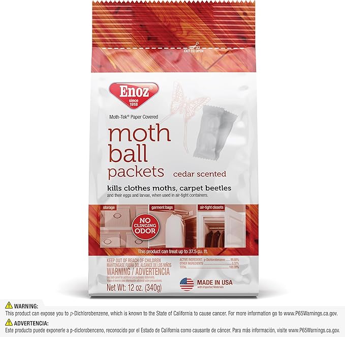 Enoz Moth-Tek Packets Cedar Scent - 12 oz. Bag (3) Kills Clothes Moths, Carpet Beetles, and Eggs and Larvae