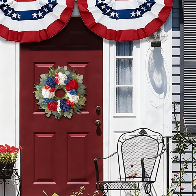 WANNA-CUL 250th Year Patriotic Wreaths for Front Door Decorations, 24 Inch 4th of July Hydrangea Wreath, Red White Blue Spring Door Wreath for Independence Day, Memorial Day for Indoor Outdoor Decor