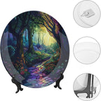 Stained Glass Theme Decorative Ceramic Plate Round Porcelain Plate,6 inch,Sunrise Forest Stream Pattern,for Decorative Ornaments Giving Plates, 1 Plate with 1 Display Stand,Multicolor