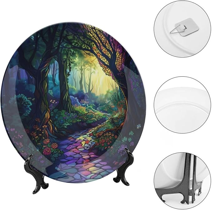 Stained Glass Theme Decorative Ceramic Plate Round Porcelain Plate,6 inch,Sunrise Forest Stream Pattern,for Decorative Ornaments Giving Plates, 1 Plate with 1 Display Stand,Multicolor