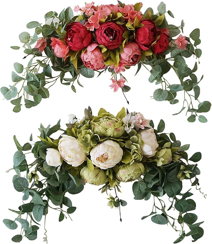 30 Inch Artificial Flower Swag, Wedding Artificial Peony with Green Leaves Swag, Handmade Flowers Backdrop Table Runner Centerpiece Garland for Arch Front Door Wall Home Hanging Wreath Decor(Red)